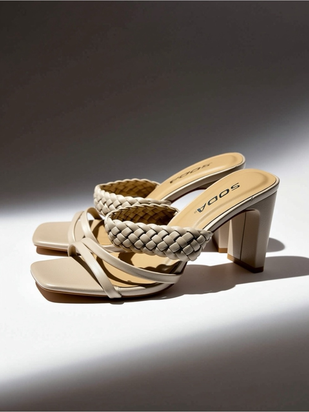 SODA Women’s Beige Braided Strap Block Heel Sandals - 5.5